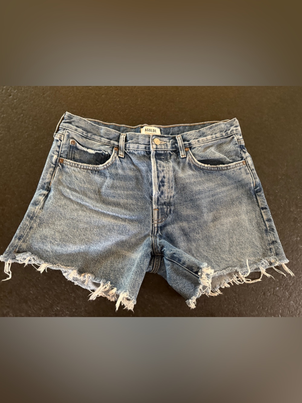 Agolde Light Blue Denim Jean Shorts with frayed hem, size 31